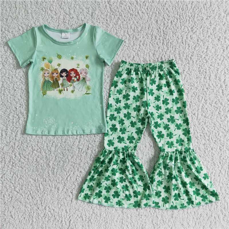 RTS NO MOQ St. Patrick's Four Leaf Clover Short Sleeve Pants Suit