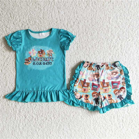 B12-25 Candy House Cartoon Blue Flying Sleeve Shorts Suit