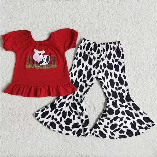 B18-13 Embroidered Cow Farm Black & White Pants Set