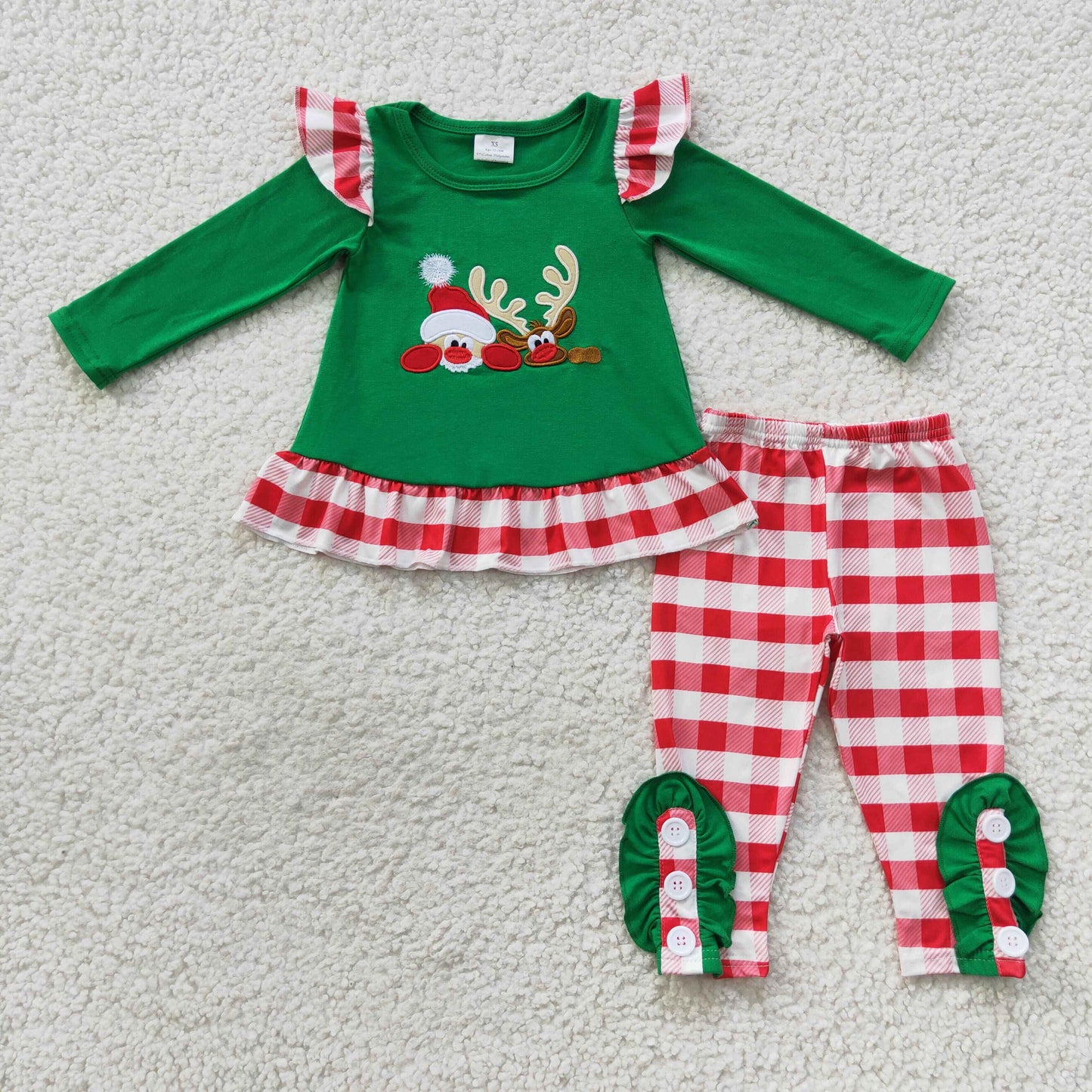 GLP0507 Embroidered Santa Reindeer Plaid Lace Green Long Sleeve Pantsuit