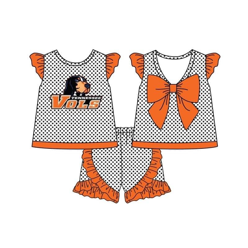 custom moq 3 eta 6-8weeks vols Orange Girls Short Sleeve Shorts Bowknot Suit