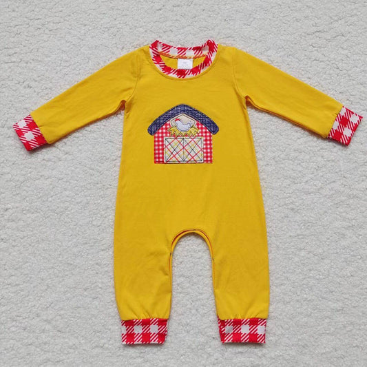 LR0384 Embroidery Farm Chicken Red House Red Plaid Yellow Long Sleeve Onesie