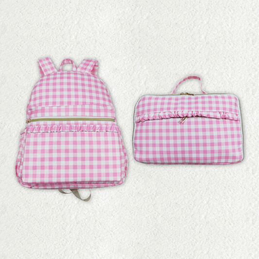 RTS no moq Baby Girls Back To School Pink Checkered Back Bags Lunch Boxes Pink plaid school bag series