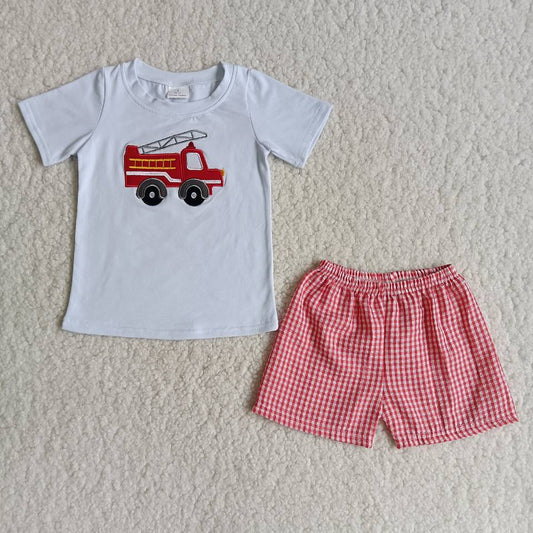 rts no moq B3-13 Embroidered fire truck cotton top plaid pants for boys