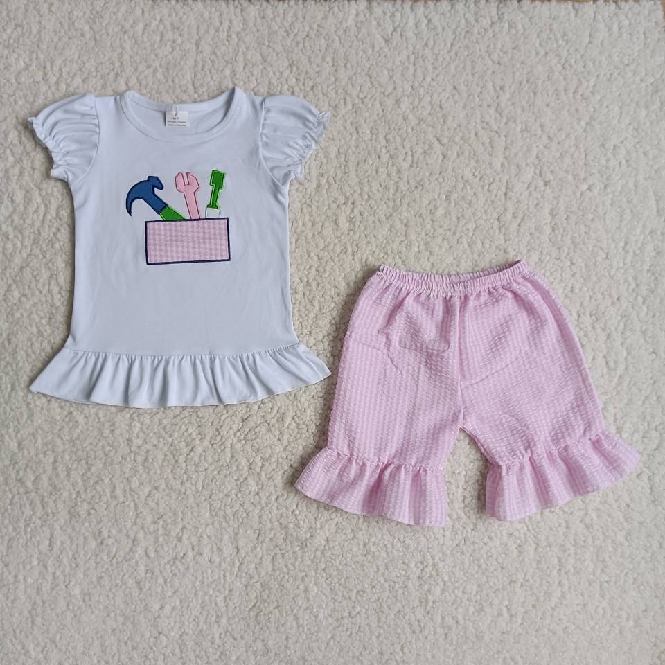 B3-1 Embroidery Tools Pink Check Shorts Set