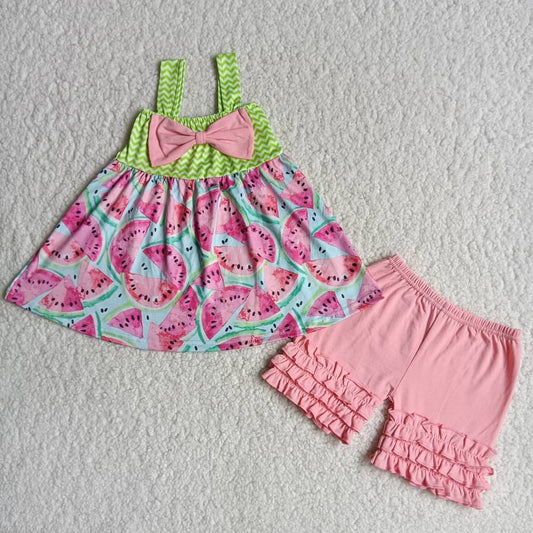 B3-3 Shoulder Strap Watermelon Bow Shorts Set