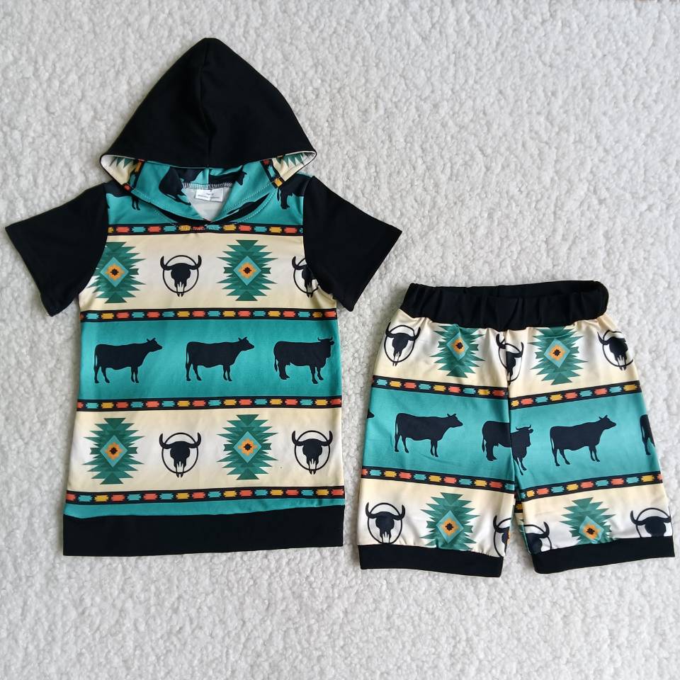 RTS NO MOQ B4-1 Cow Pattern Boys Hoodie Set
