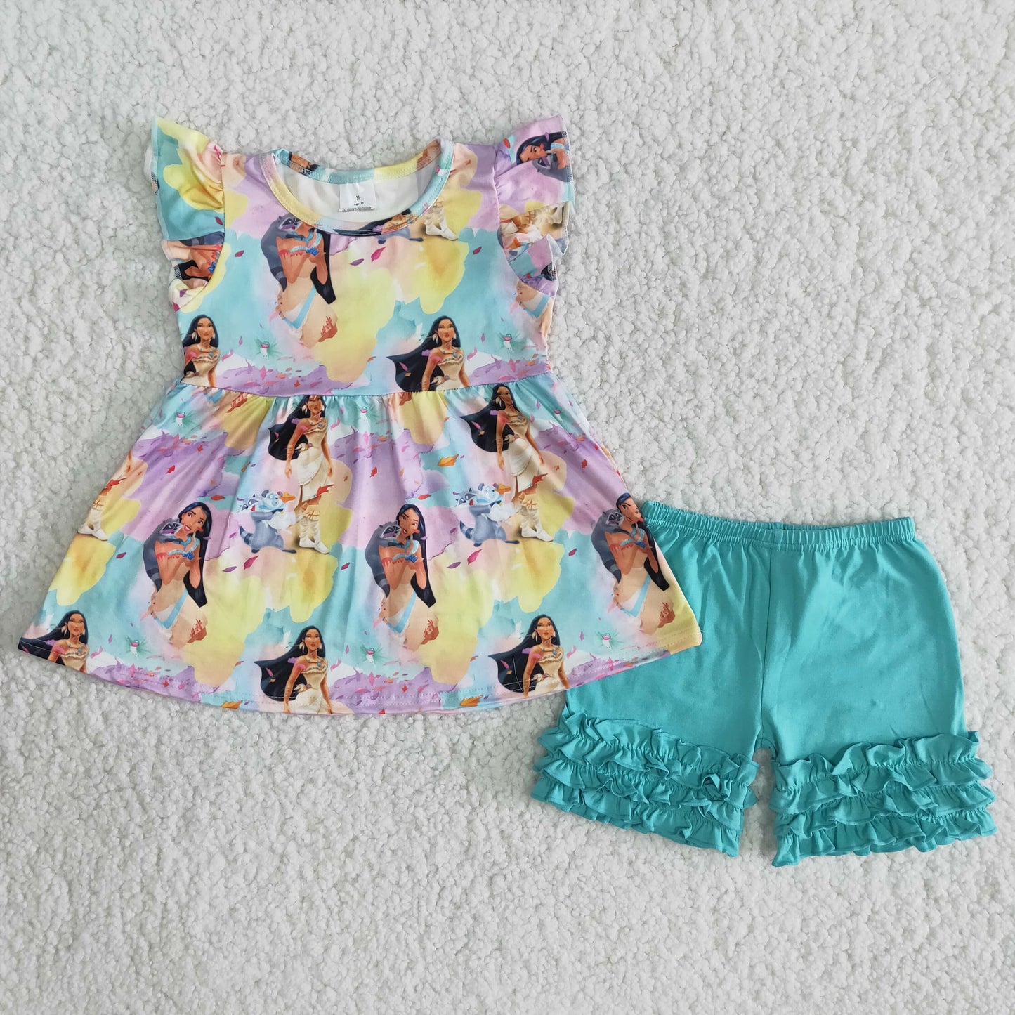 B4-2 Girl cartoon blue shorts suit