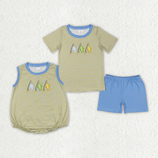 RTS Baby Boys Stripes Fishing Sibling Embroidery Summer Rompers Clothes Sets