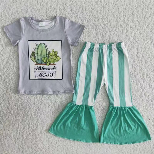 B6-22 Gray Cactus Green Striped Flared Trousers