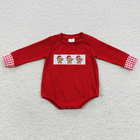 LR0394 Embroidered Gingerbread Man Red Plaid Long Sleeve Onesie