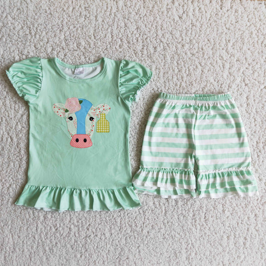 B9-1 Cow head green top striped pants