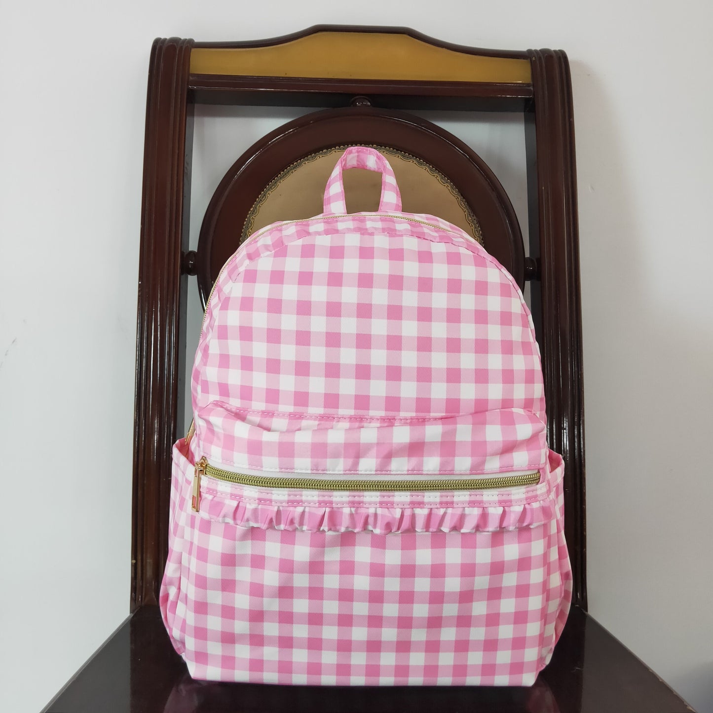 BA0086 Pink and white plaid lace backpack