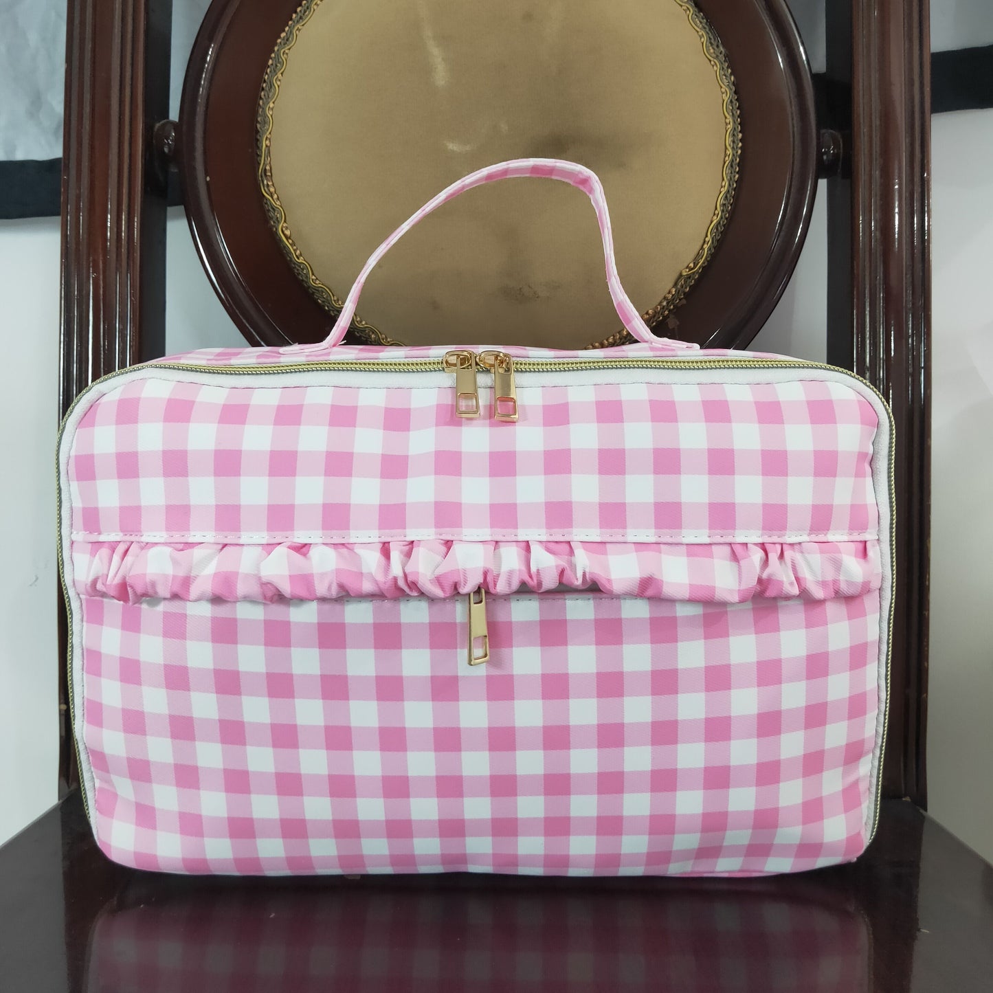 rts no moq BA0088 Pink and white plaid lace lunch box bag