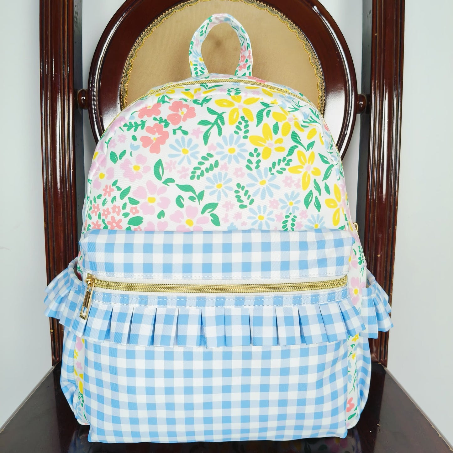 RTS no moq BA0097 Flower pink lace light blue plaid backpack