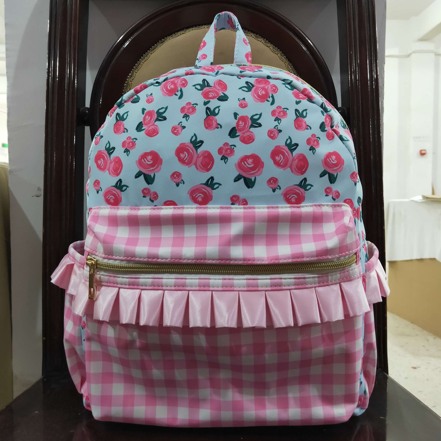 rts no moq BA0217 Floral pink plaid blue backpack