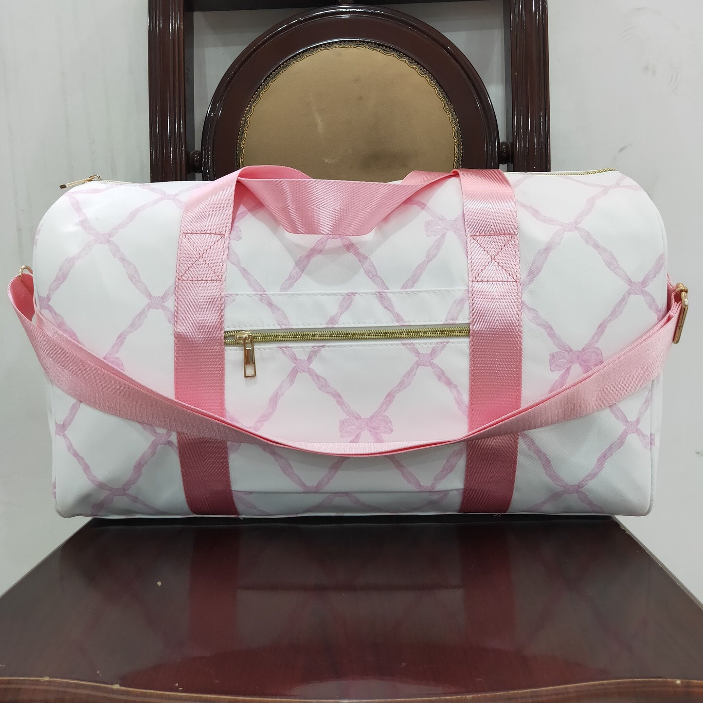 rts no moq BA0226 Pink and white gym bag with bow pattern