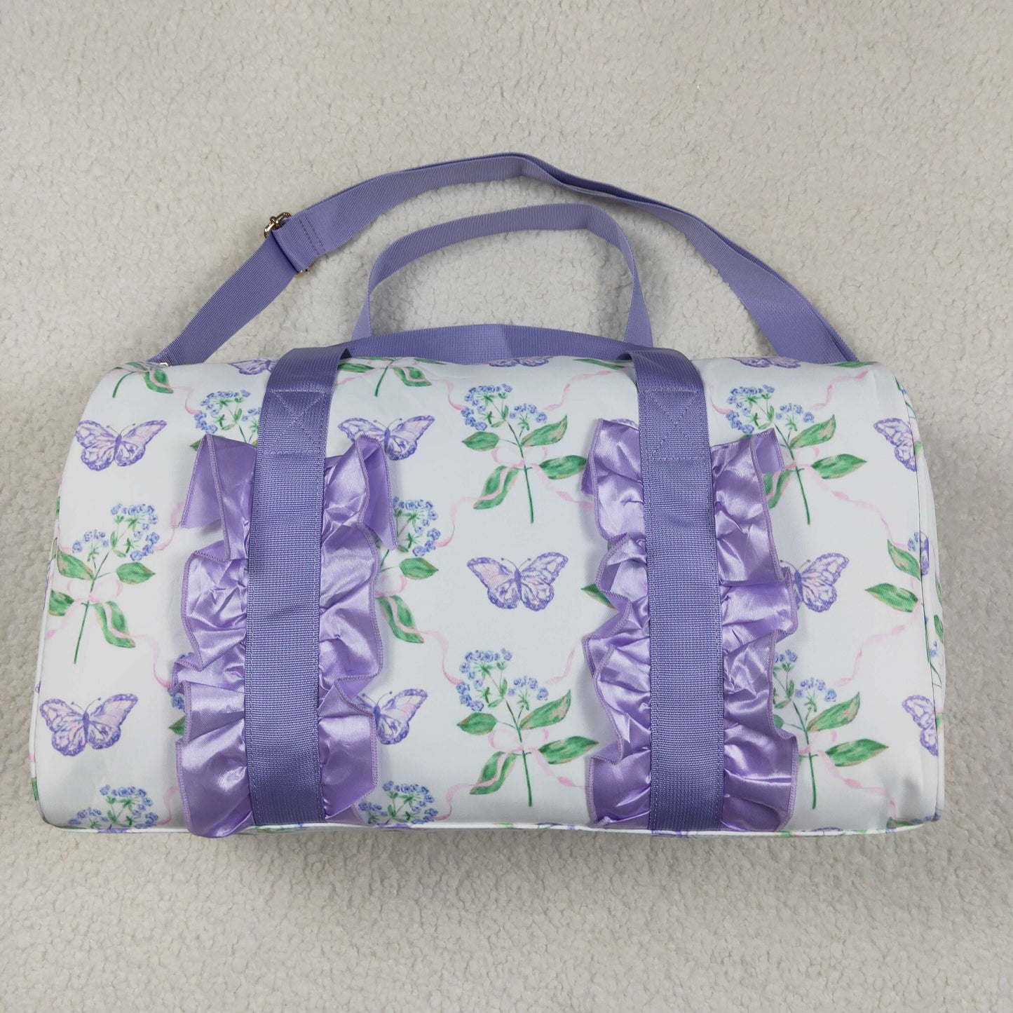RTS NO MOQ BA0293 Gym bag with flowers, leaves and butterflies and purple lace