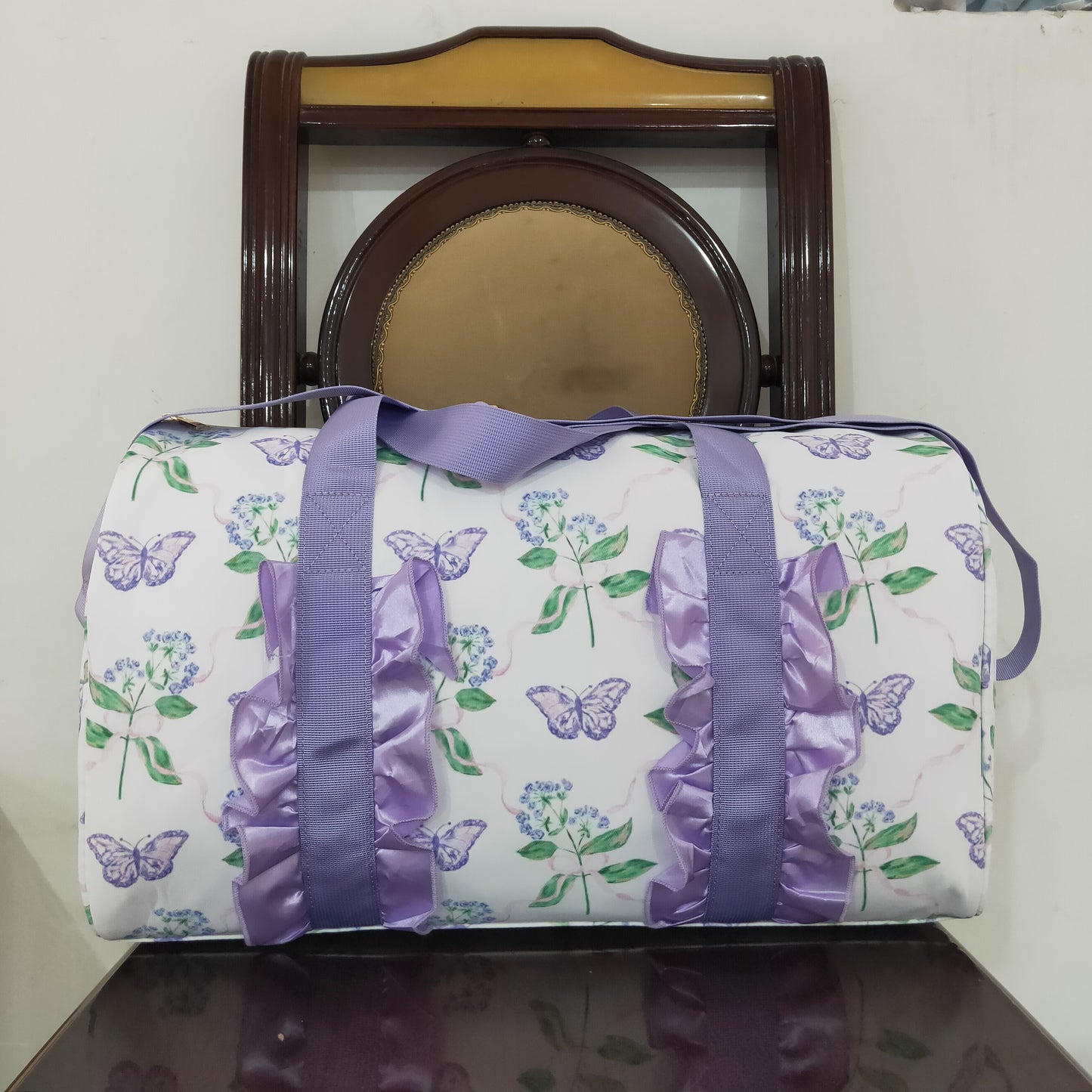 RTS NO MOQ BA0293 Gym bag with flowers, leaves and butterflies and purple lace