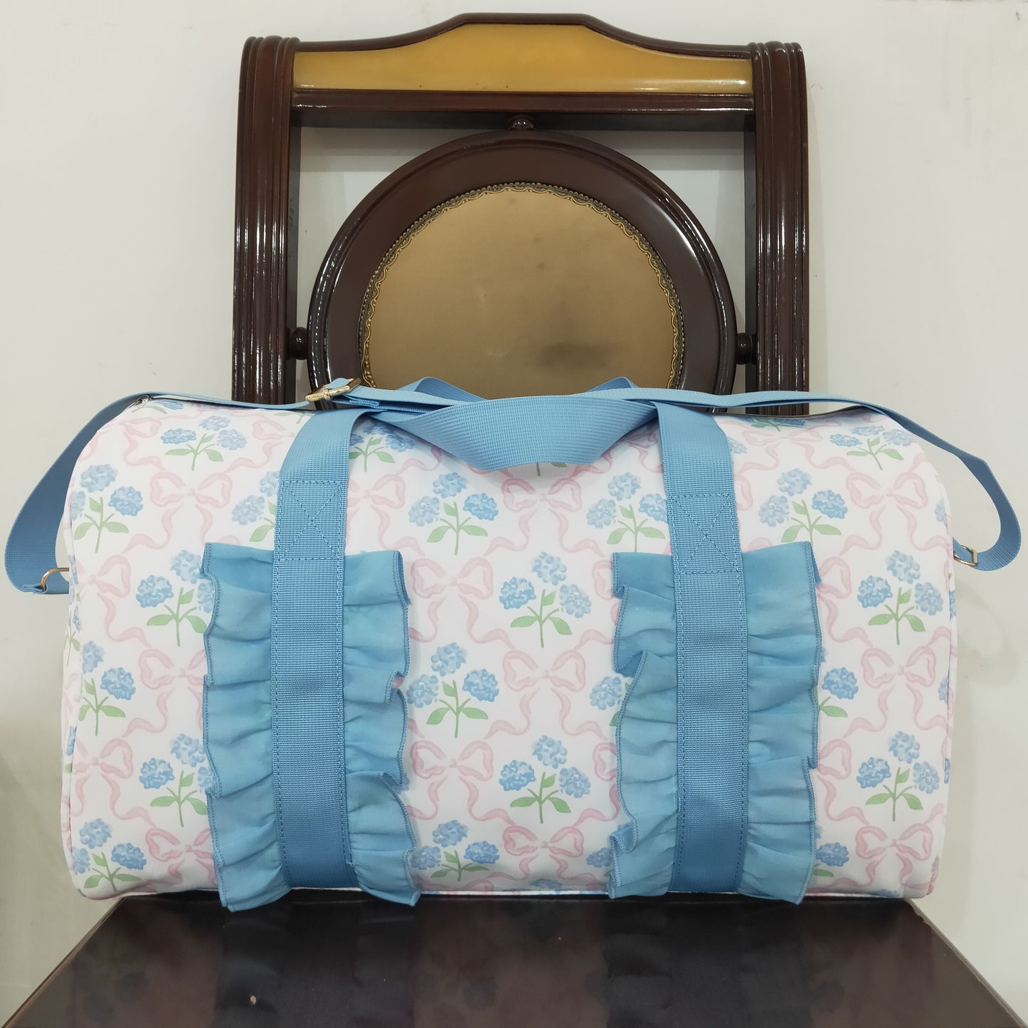 RTS NO MOQ BA0294 Gym bag with hydrangea pink bow pattern and blue lace plaid
