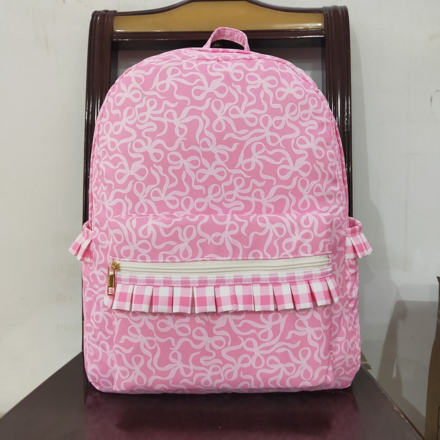 RTS NO MOQ（In Stock) BA0308 Pink backpack with bow pattern and plaid lace