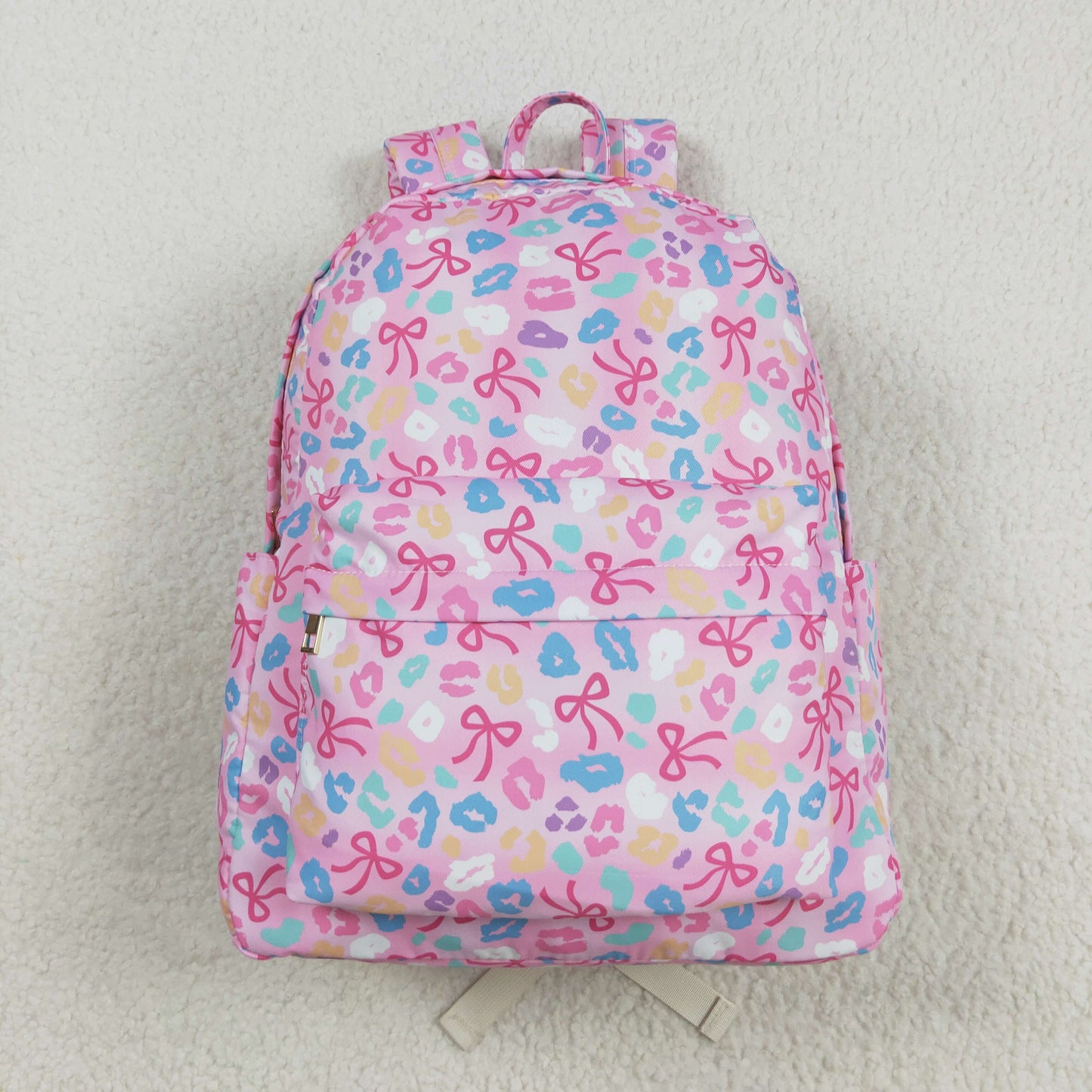 RTS NO MOQ（In Stock) BA0319 Pink backpack with a colorful leopard print bow pattern