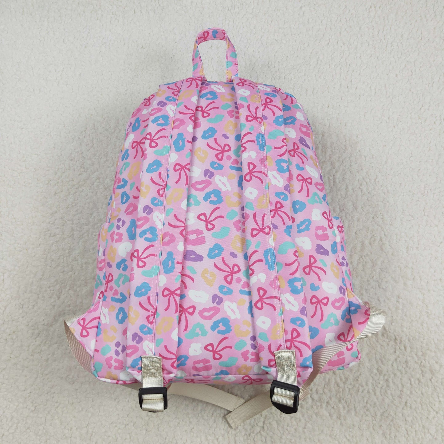 RTS NO MOQ（In Stock) BA0319 Pink backpack with a colorful leopard print bow pattern