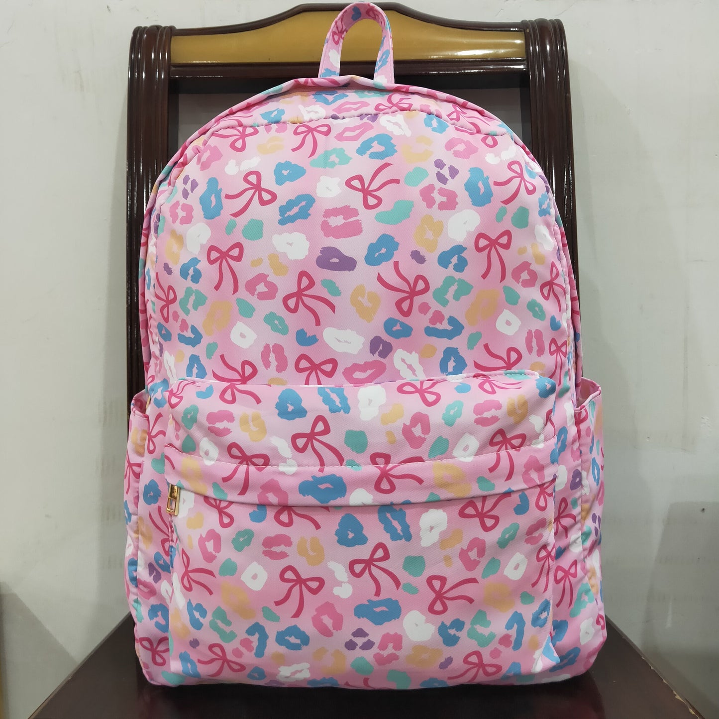 RTS NO MOQ（In Stock) BA0319 Pink backpack with a colorful leopard print bow pattern