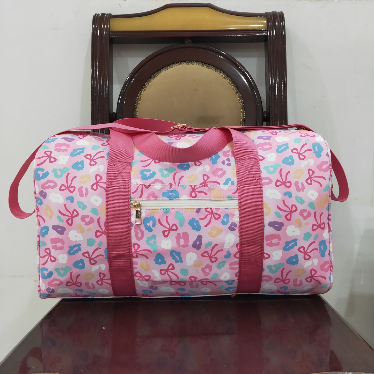RTS NO MOQ（In Stock ) BA0320 Colorful leopard print bow pattern and pink lace gym bag