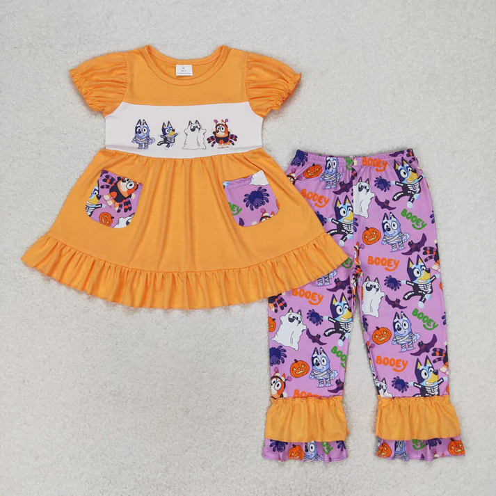 RTS NO MOQ Baby Girls Halloween Dogs Sibling Rompers Clothes Sets