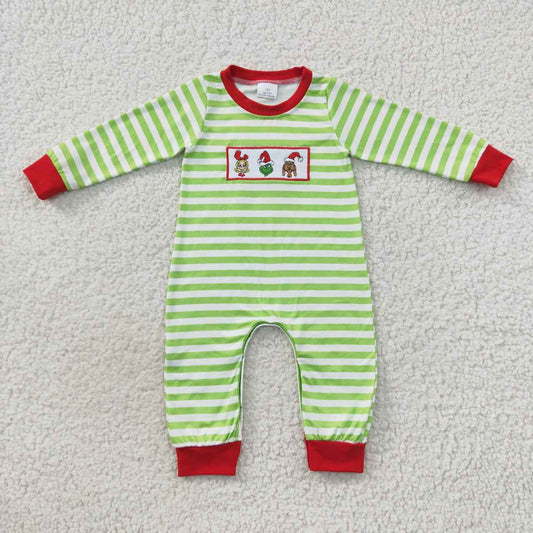 LR0388 Christmas cartoon boy embroidered grinch dog green striped long-sleeved jumpsuit