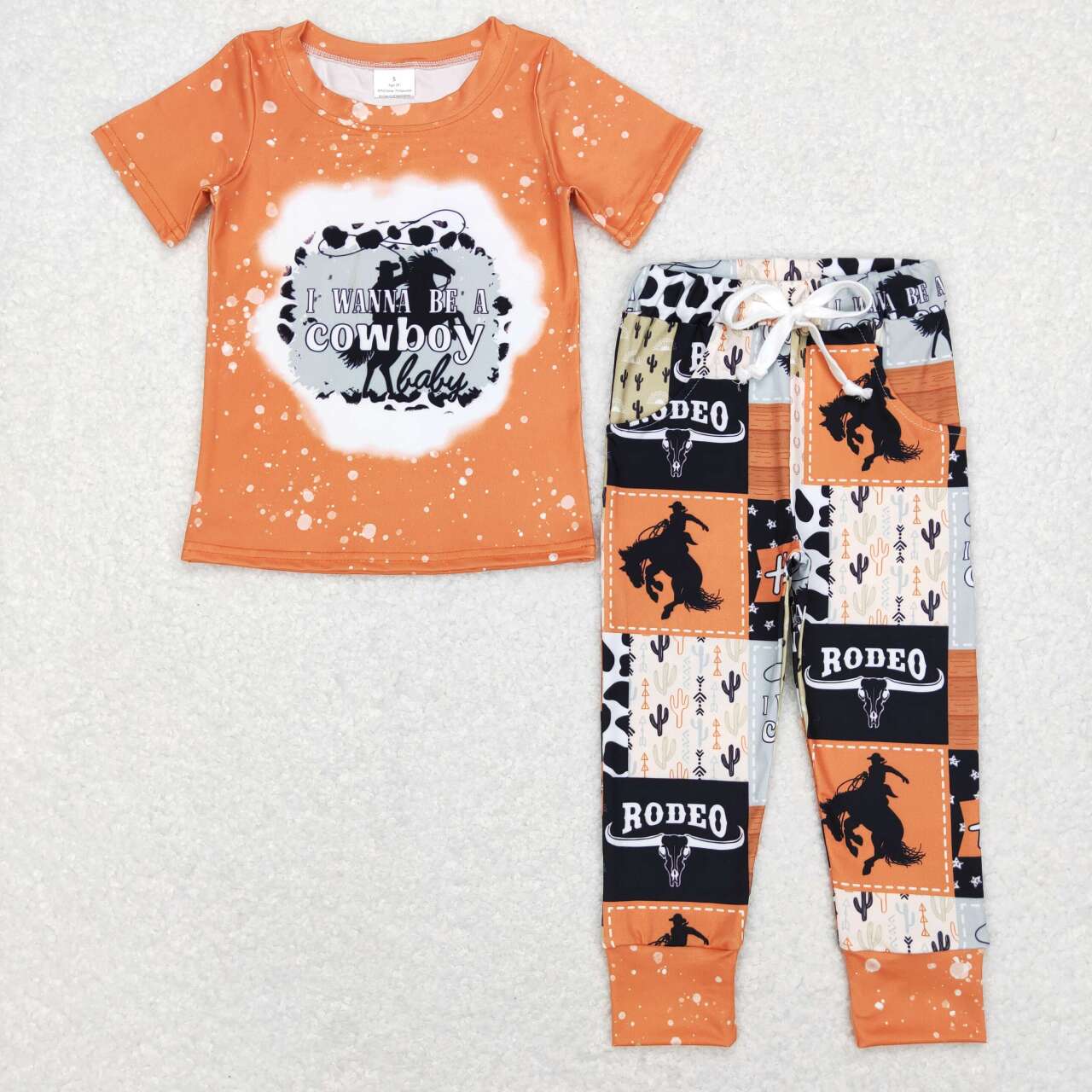 BSPO0209 wanna be a cowboy letter orange short sleeve cow head riding plaid trousers suit