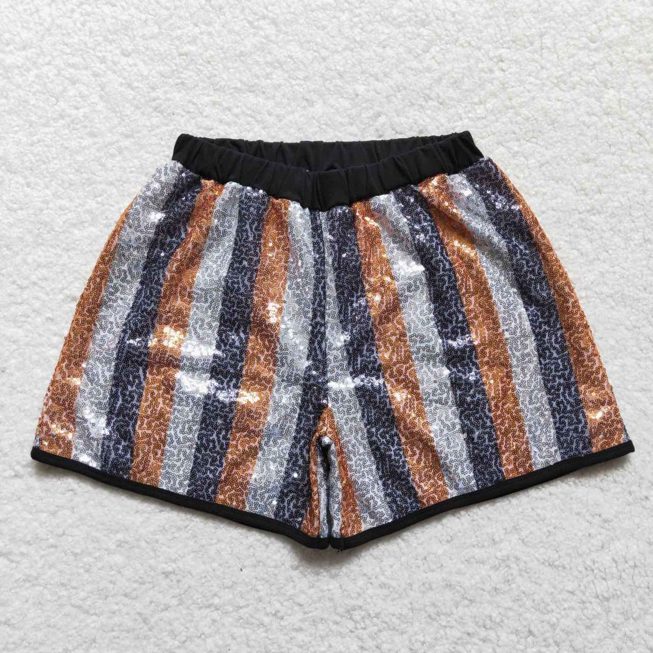 SS0120 Adult Black & White Gold Stripe Sequin Shorts