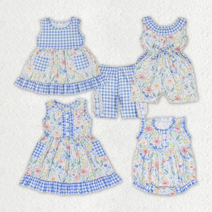 RTS NO MOQ Baby Girls Blue Flowers Checkered Sibling Rompers Dresses Clothes Sets