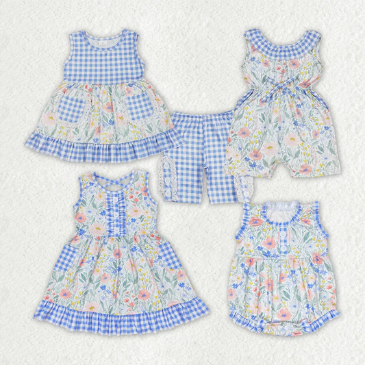 RTS NO MOQ Baby Girls Blue Flowers Checkered Sibling Rompers Dresses Clothes Sets
