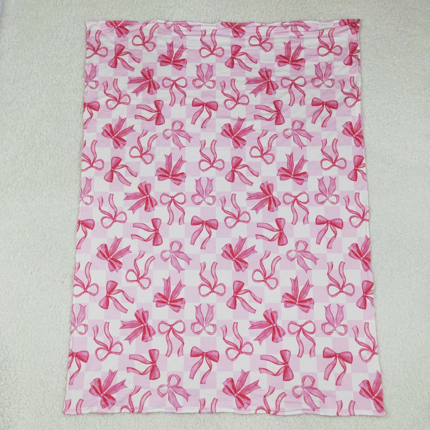 RTSNO MOQ BL0206 Bow Pattern Pink and White Plaid Baby Blanket
