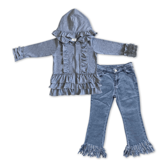 GT0015 Girls Gray Hooded Zip Long Sleeve Jacket+B7-13 Bleached fringed jeans