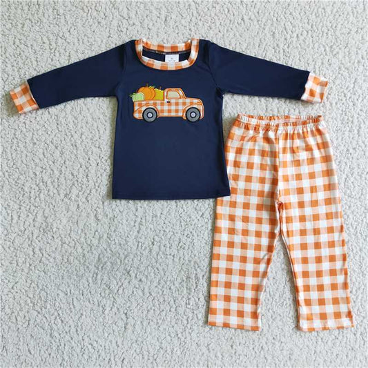 BLP0002 Autumn orange plaid embroidered pumpkin car long-sleeved trousers suit