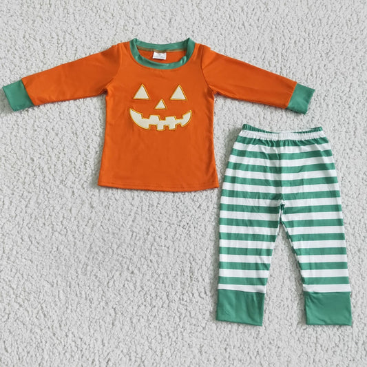 BLP0003 Boys Embroidered Pumpkin Long Sleeve Green Striped Pants Suit