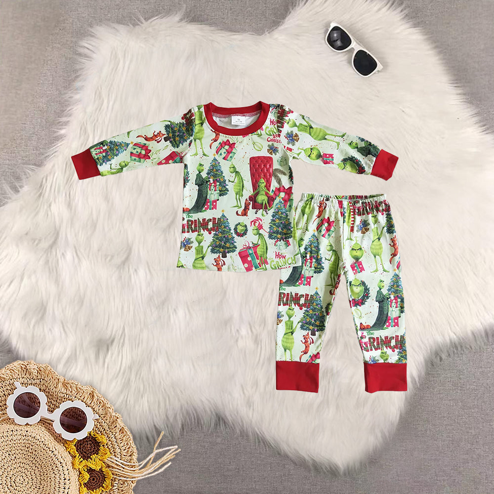 RTS NO MOQ Sibling Baby Girls Christmas trees Long Sleeve Pants Set