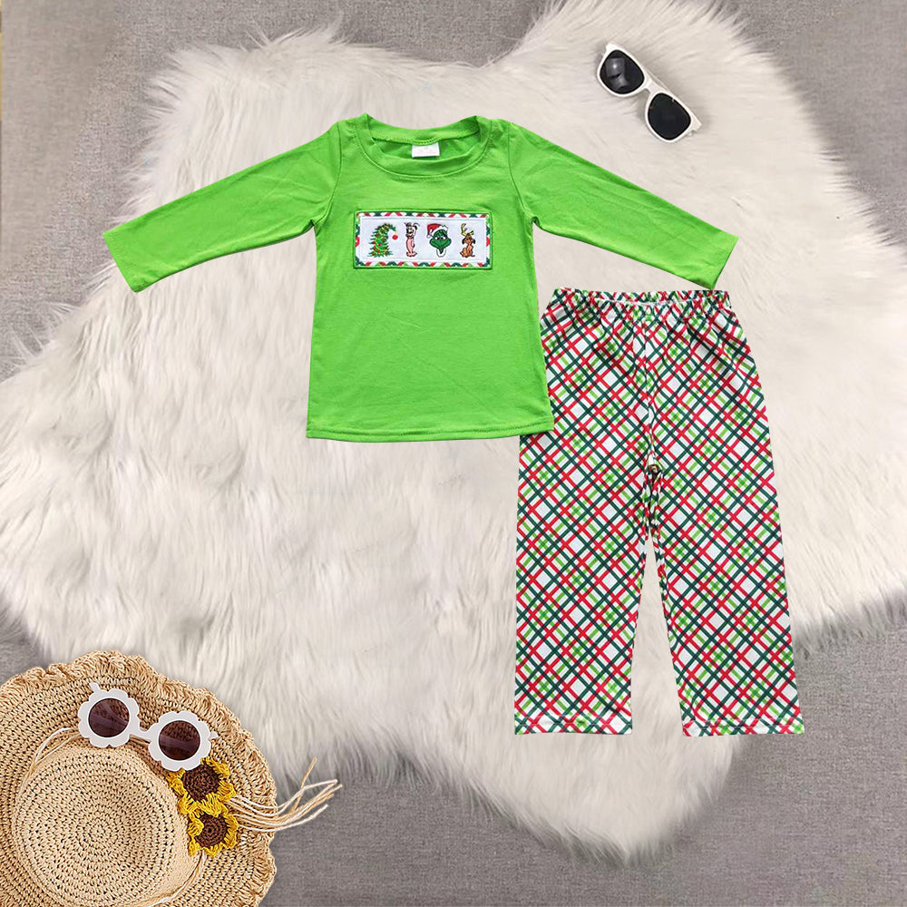 RTS NO MOQ Sibling baby girls boys clothes embroidery Christmas cartoon long-sleeved trousers suits and romper