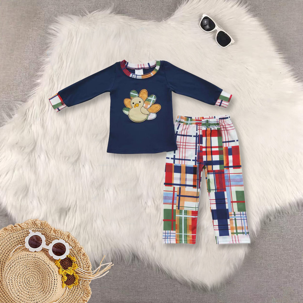 RTS NO MOQ Sibling Baby girls clothes Embroidery thanksgiving turkey long-sleeved trousers suit & rompers