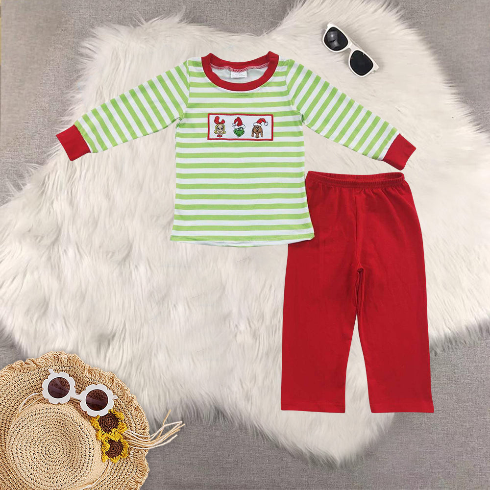 RTS NO MOQ Sibling Baby girls clothes Embroidery Christmas cartoon long-sleeved trousers suit & rompers and dress