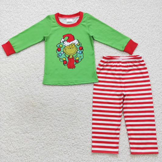 RTS NO MOQ（In Stock) BLP0289 Boys Christmas cartoon green Long Sleeve Pant Set