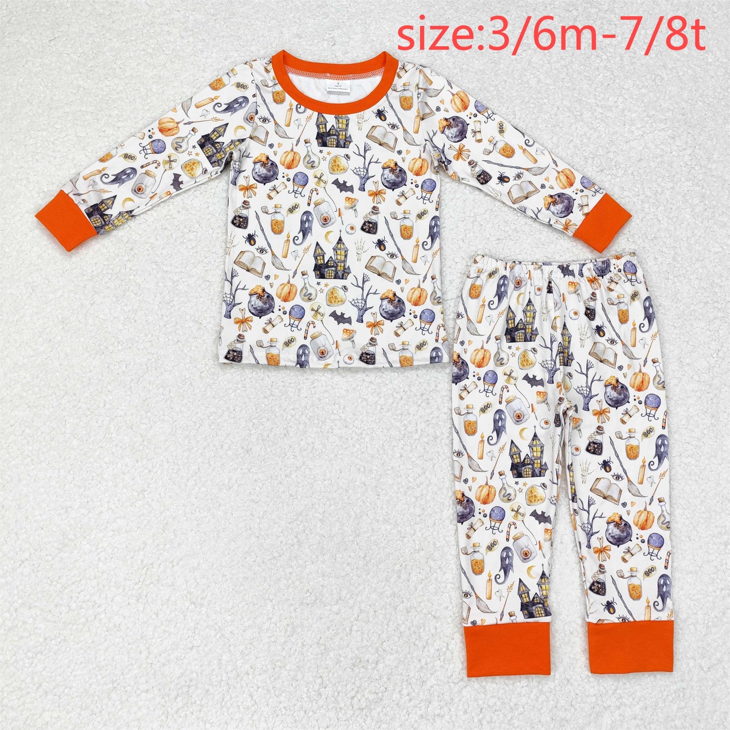 rts no moq BLP0460 Ghost Magic Broom Pumpkin Castle Long Sleeve Long Pants Pajama Set