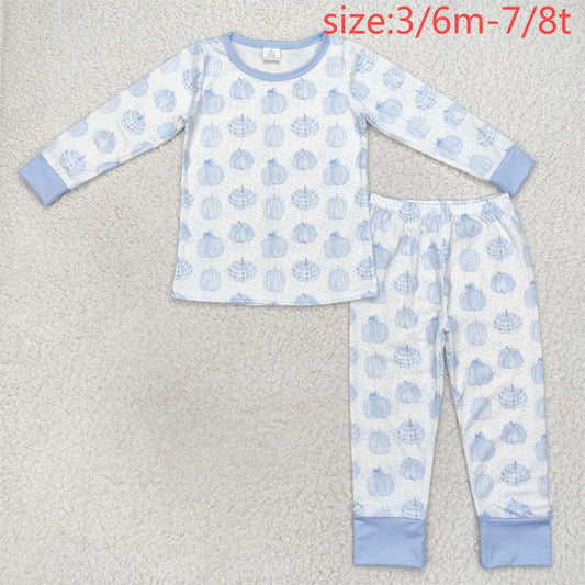 rts no moq BLP0469 Modal pumpkin blue and white long sleeve long pants pajama set