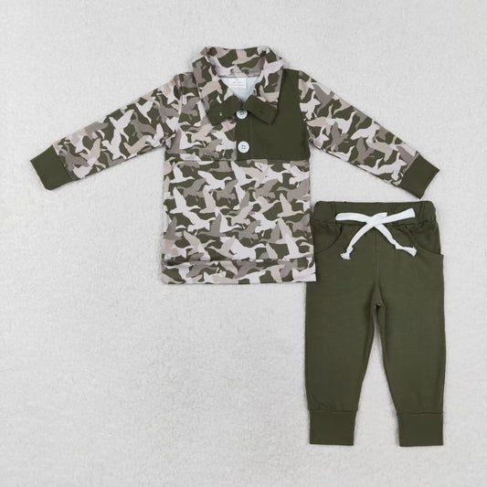 rts no moq BLP0493 Duck Camouflage Button Long Sleeve Dark Green Pants Set