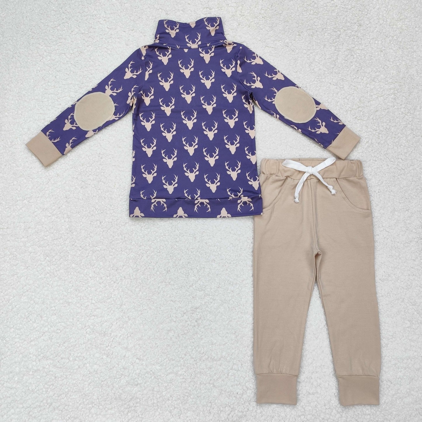 rts no moq BLP0494 Deer horn navy blue button long sleeve beige trousers suit