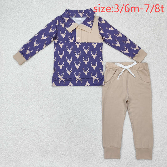 rts no moq BLP0494 Deer horn navy blue button long sleeve beige trousers suit