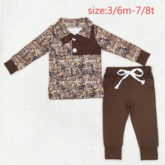 rts no moq BLP0495 Leaf camouflage button long sleeve brown trousers set